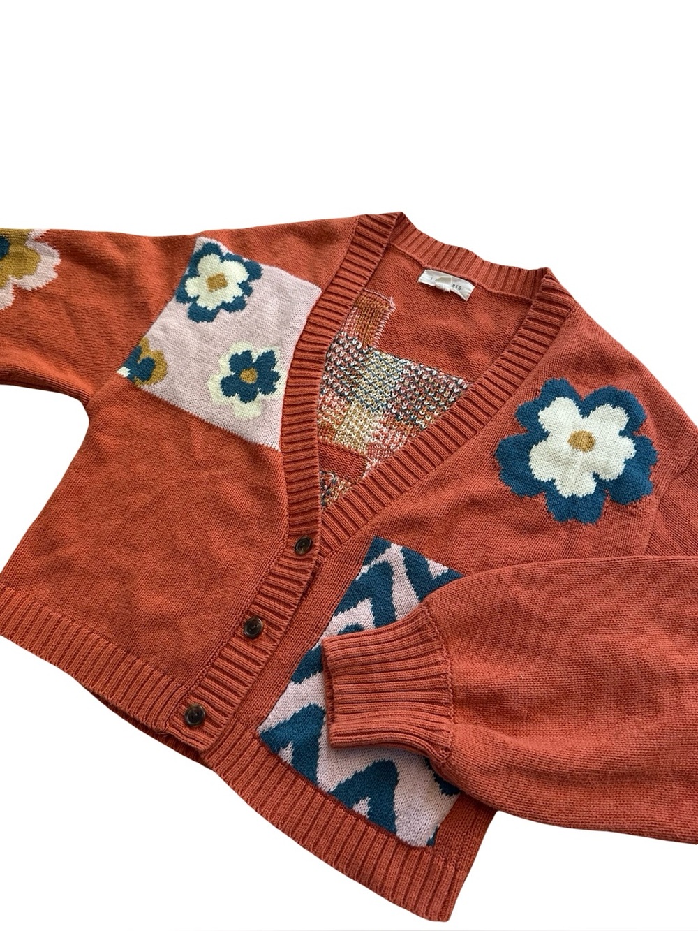 LA Hearts Patchwork Floral Cropped V Neck Cardigan Orange Sz S